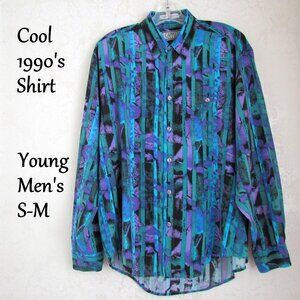 MEN'S SHIRT, S-M 1990s WILD, VINTAGE AQUA BLACK GREEN LONG SLEEVE w COLLAR